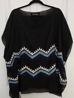 Cherie Bliss Black Embroidered Tunic with Blue Chevron Accent